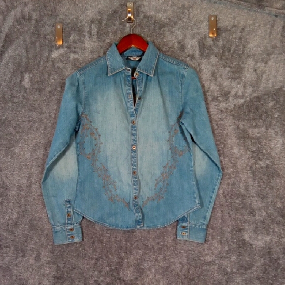 Harley-Davidson Blue Embroidered Button-Down Shirt Denium Costal Womens M - Picture 1 of 11